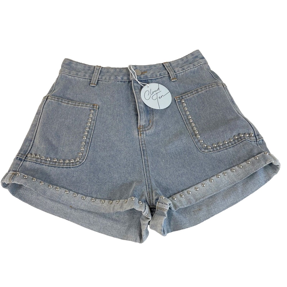 Cloud Ten Womens Studded Cuffed Denim Jean Shorts Blue‎ S High Rise Pockets NEW